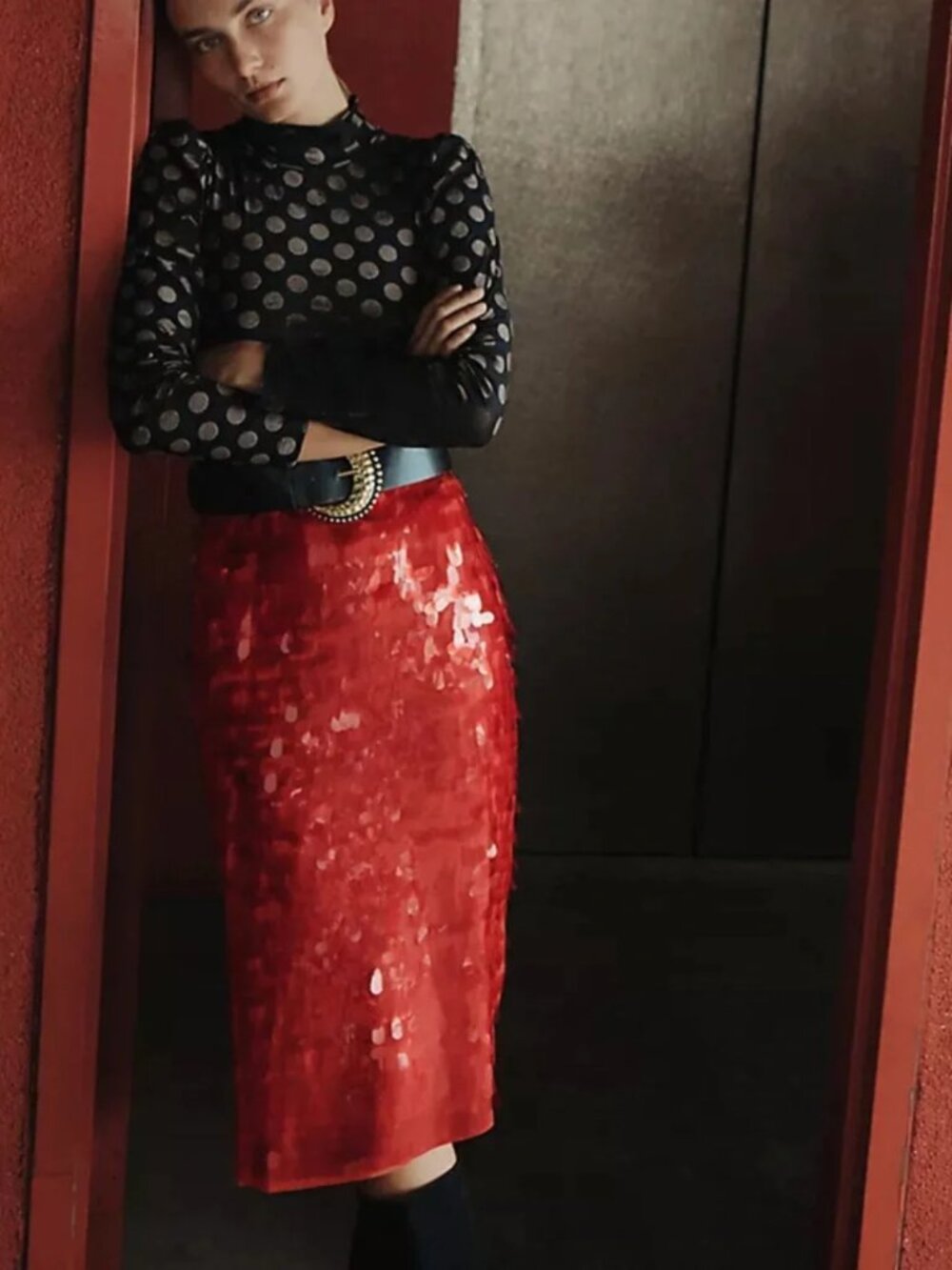 Maeve Anthropologie Red Orange Teardrop Sequin Pencil Midi Skirt